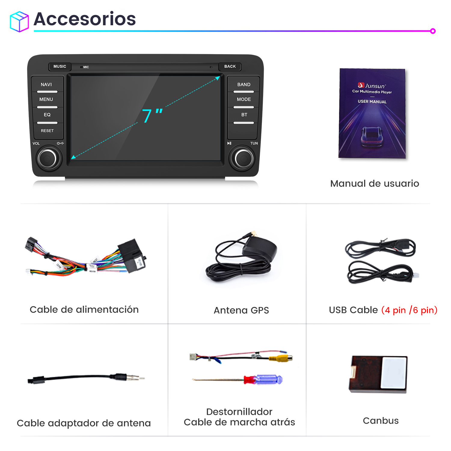 Accesorios de estéreo de coche: pantalla de 7 pulgadas, manual, cables y herramientas.
