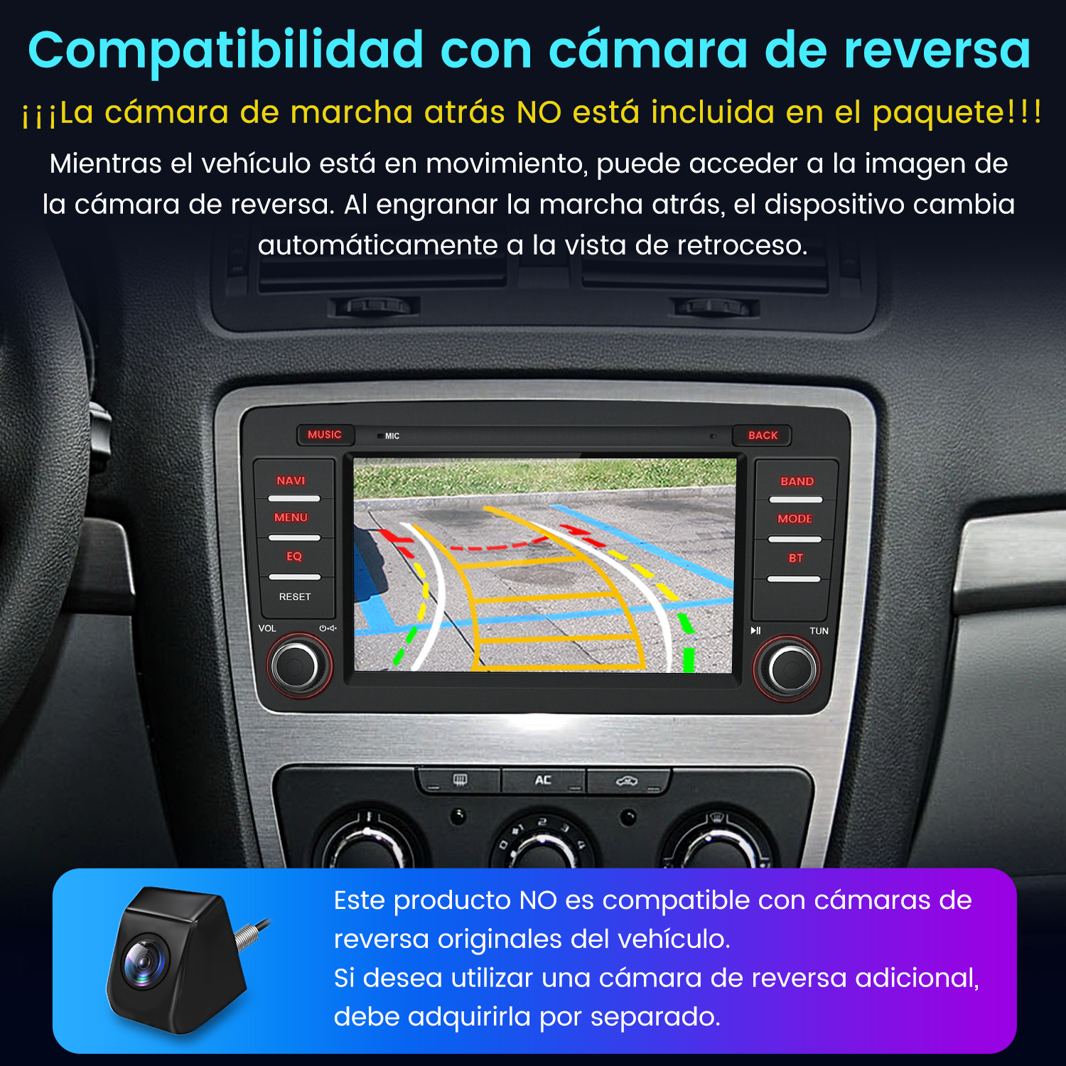 Interfaz de estéreo de coche mostrando vista de cámara trasera y texto de advertencia.