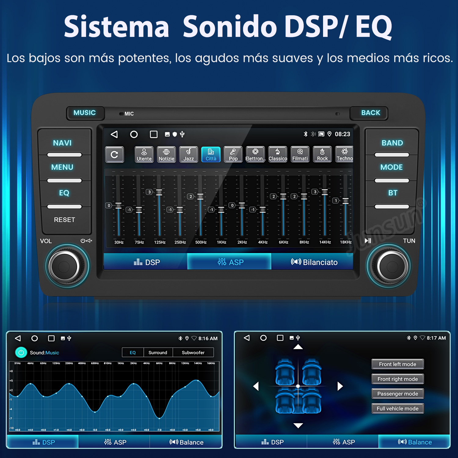 Estéreo de coche con pantalla táctil. Muestra opciones para música, radio y ajustes. La pantalla está encendida.