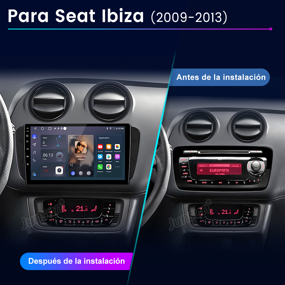 Panel de coche con pantalla. Comparación antes y después de la instalación de la pantalla.