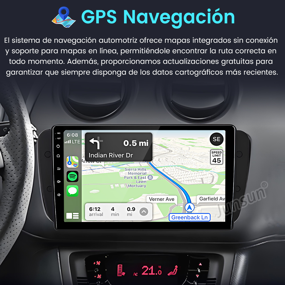 Pantalla de navegación del coche mostrando un mapa. Texto: 'GPS Navegacion'. Muestra direcciones.