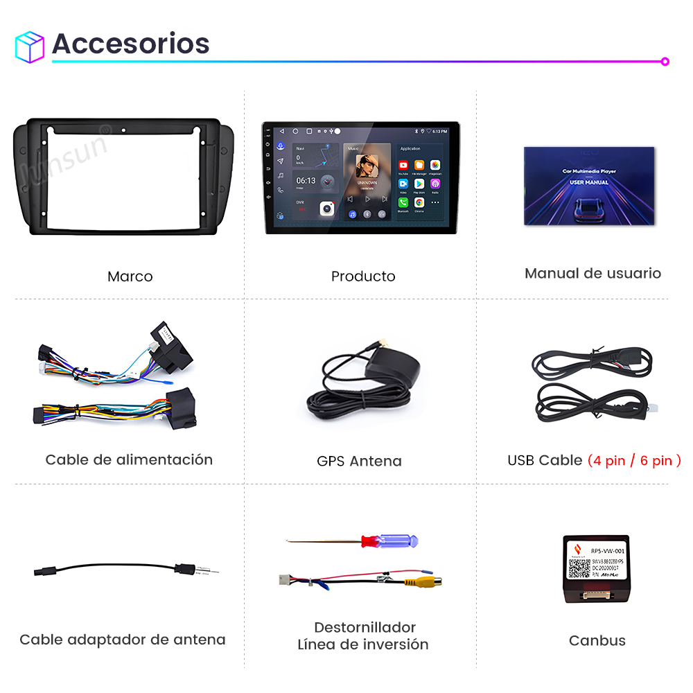 Varios accesorios multimedia para coche, incluyendo marco, pantalla, cable de alimentación y manual.