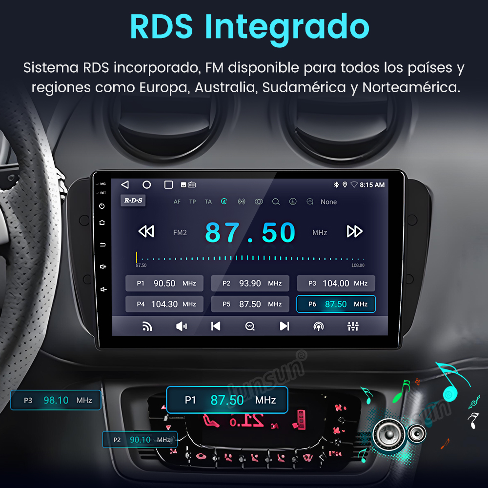 Salpicadero de coche con interfaz de radio mostrando frecuencia y presintonías. Controles de audio visibles.