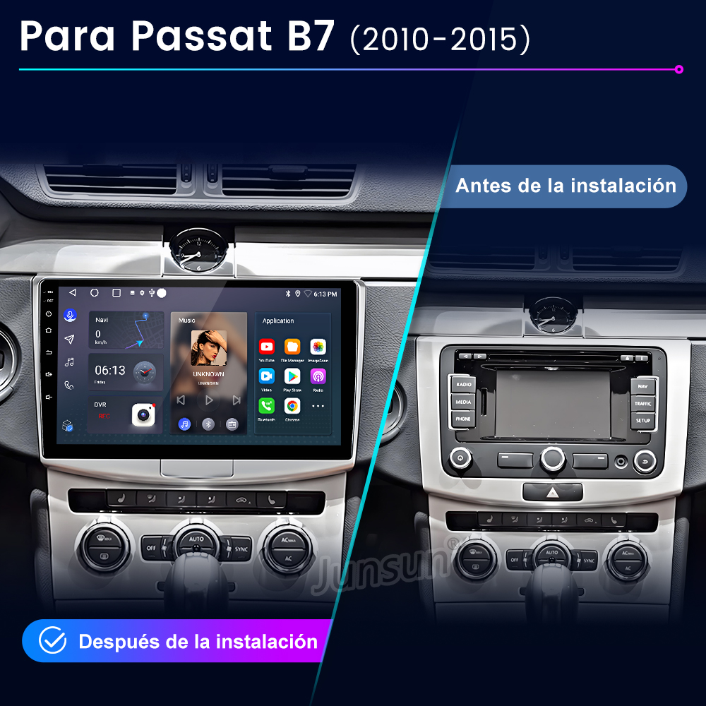 Panel de instrumentos del coche antes y después de la instalación de un nuevo sistema de entretenimiento. Muestra una pantalla.