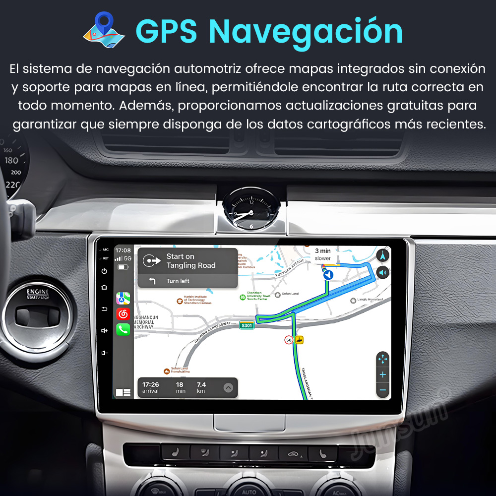 Salpicadero de coche con navegación. Mapa con indicaciones y reloj digital se muestran.