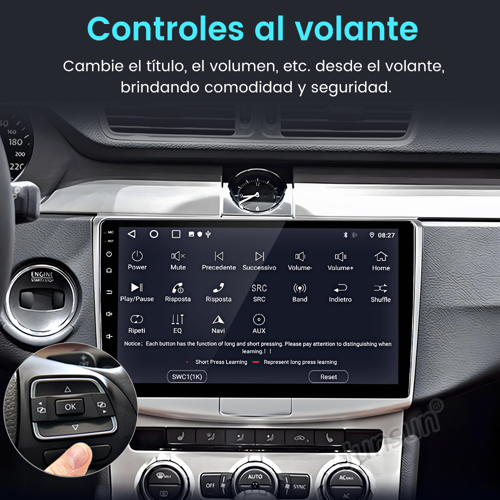 Salpicadero con pantalla táctil. Mano opera los controles del volante. Muestra controles de audio.