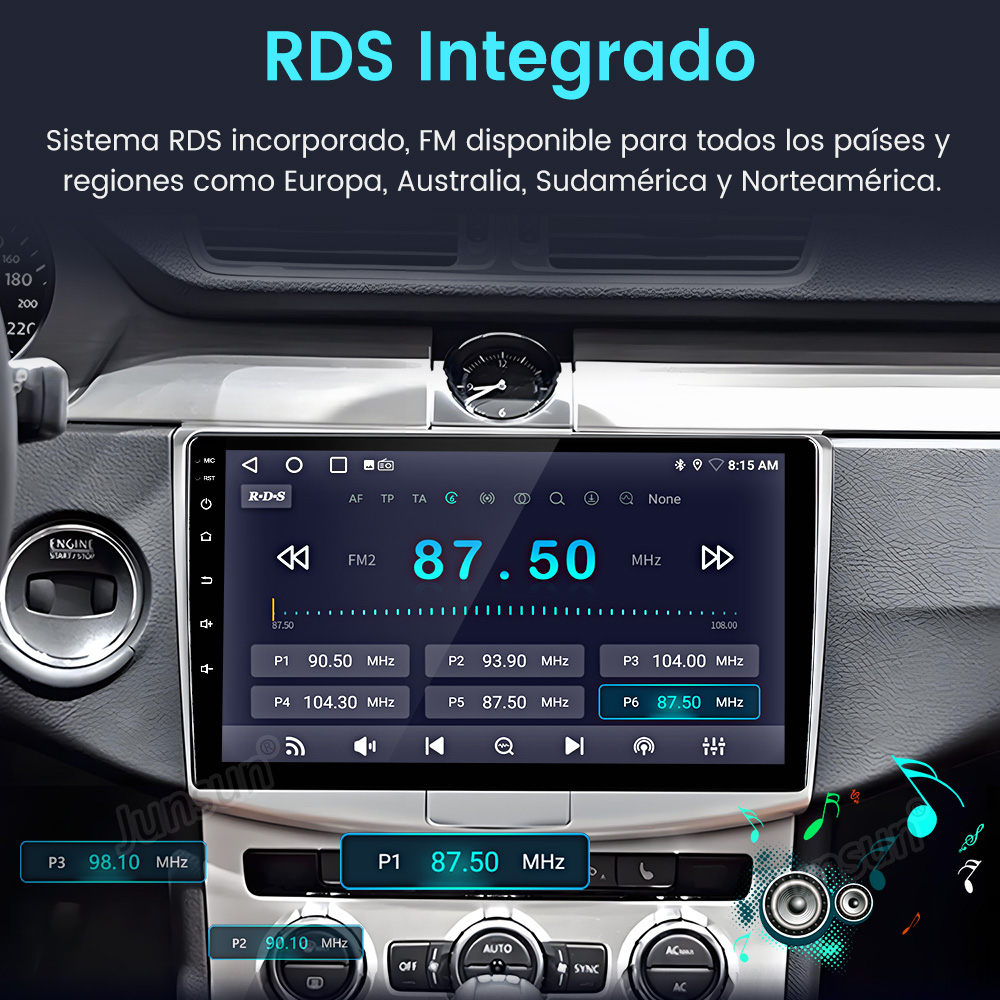 Salpicadero de coche con interfaz de radio. Muestra frecuencia y emisoras preestablecidas. Controles de audio visibles.