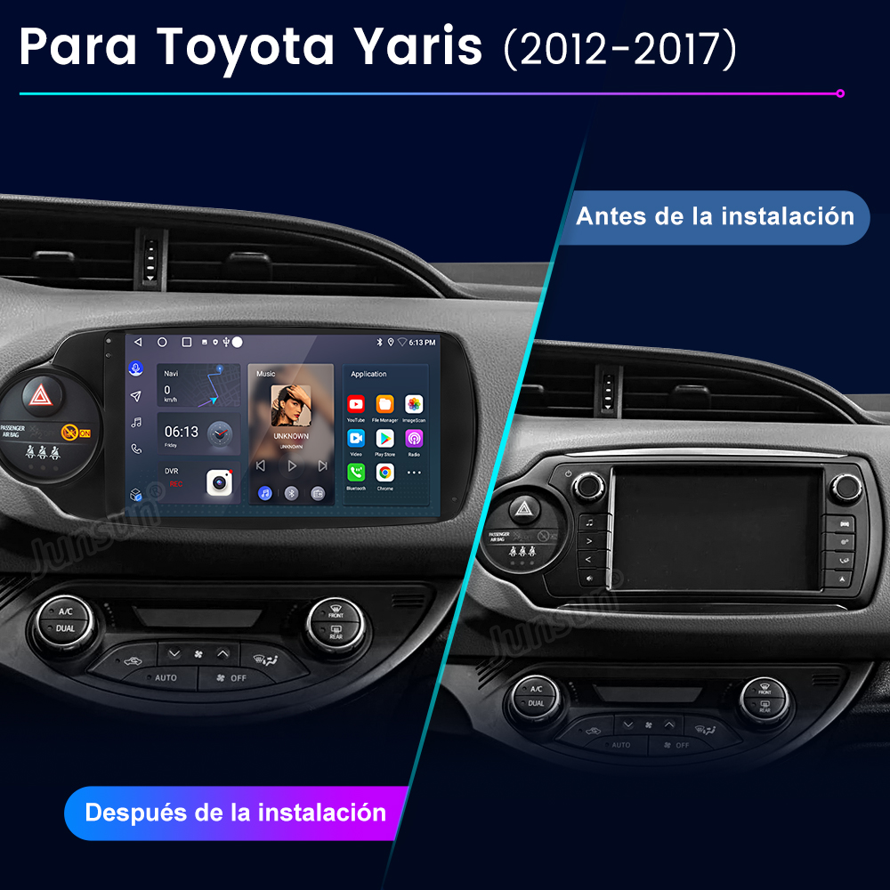 Salpicadero de coche con pantalla de radio antes y después de la instalación. Mapa e interfaz de música.
