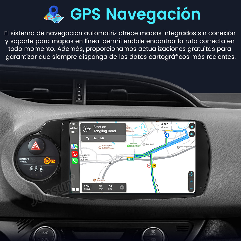 Pantalla de navegación del coche mostrando un mapa y direcciones. Texto: 'GPS Navegacion'.
