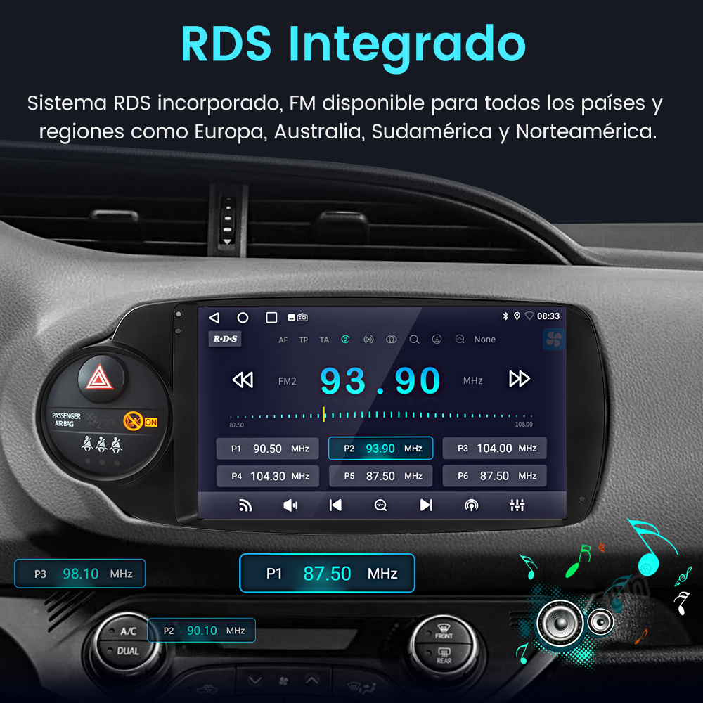Pantalla de radio del coche que muestra frecuencias de radio. La pantalla muestra números y botones.