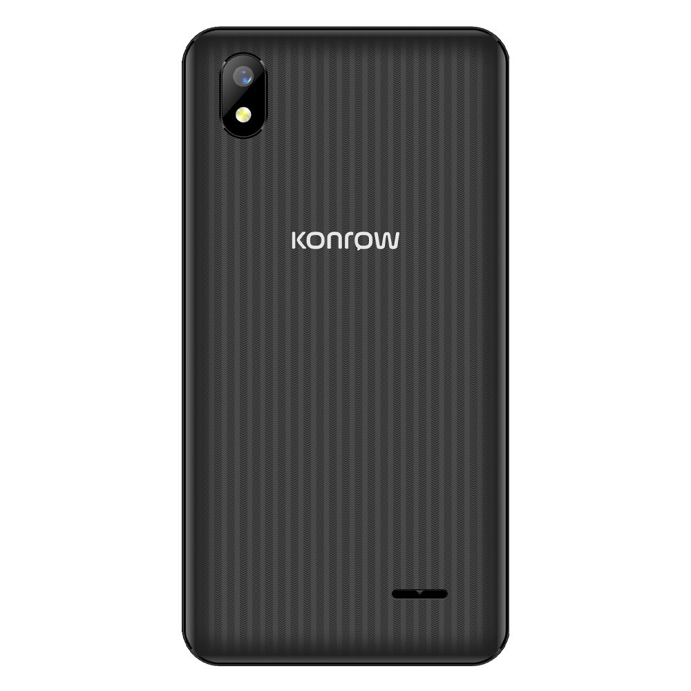 Smartphone Konrow, vista posteriore. Texture nera, a coste. Fotocamera singola e altoparlante in basso.