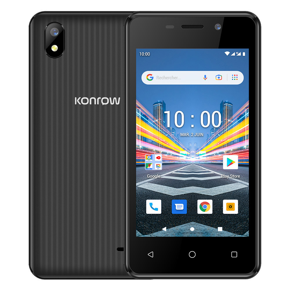 Smartphone nero con retro strutturato grigio scuro. Lo schermo mostra la schermata iniziale.