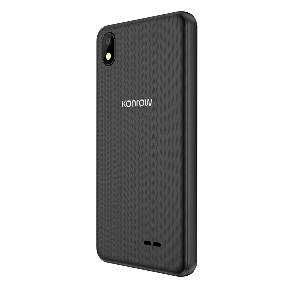 Smartphone nero, vista posteriore. Mostra fotocamera e retro testurizzato con la scritta 'KONROW'.