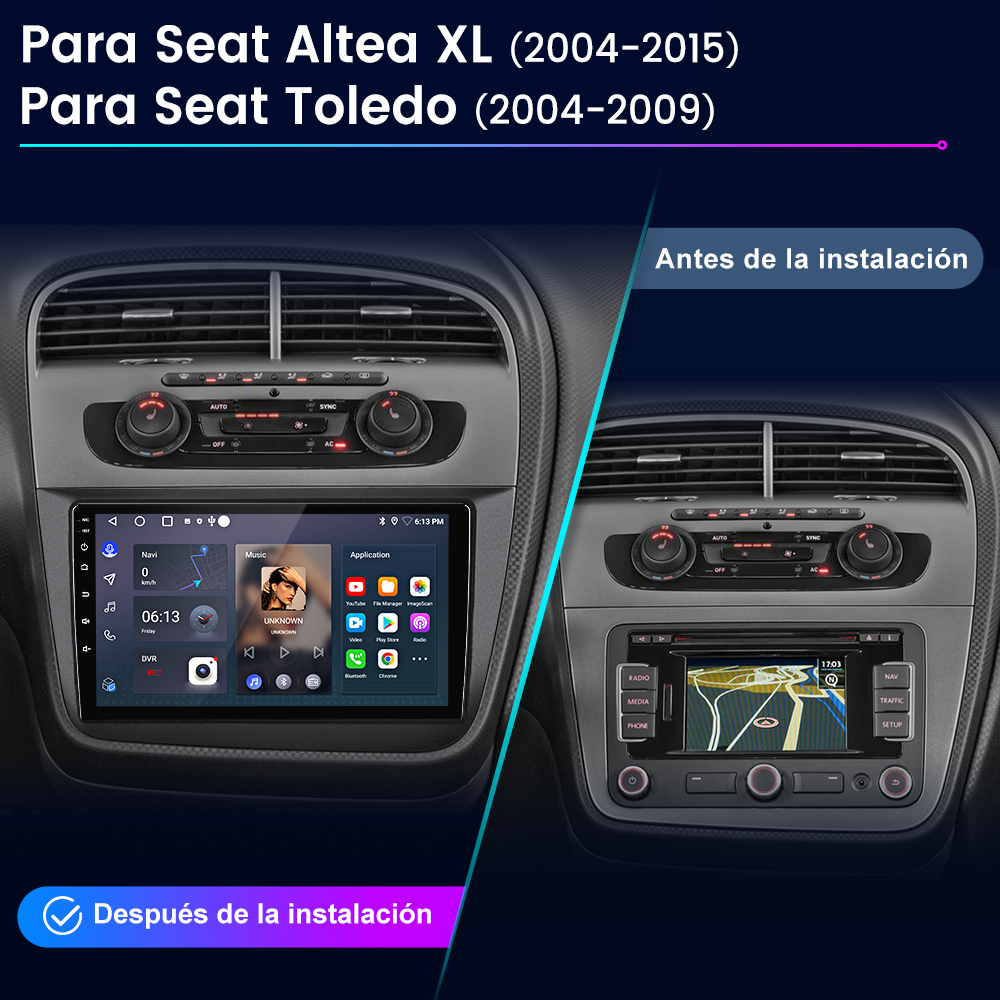 Salpicadero de coche con pantalla de radio, antes y después de la instalación. Navegación y música.