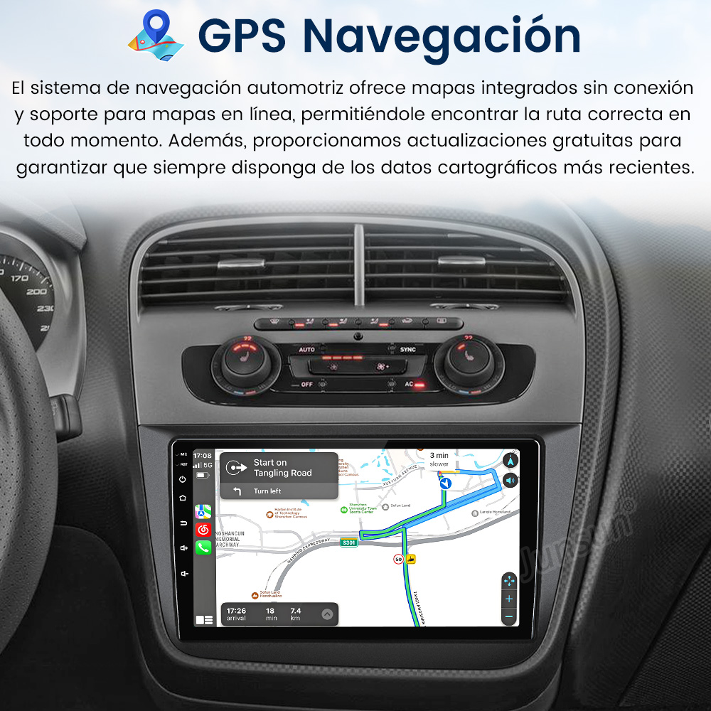 Panel de coche con pantalla táctil mostrando un mapa de navegación y controles del coche.