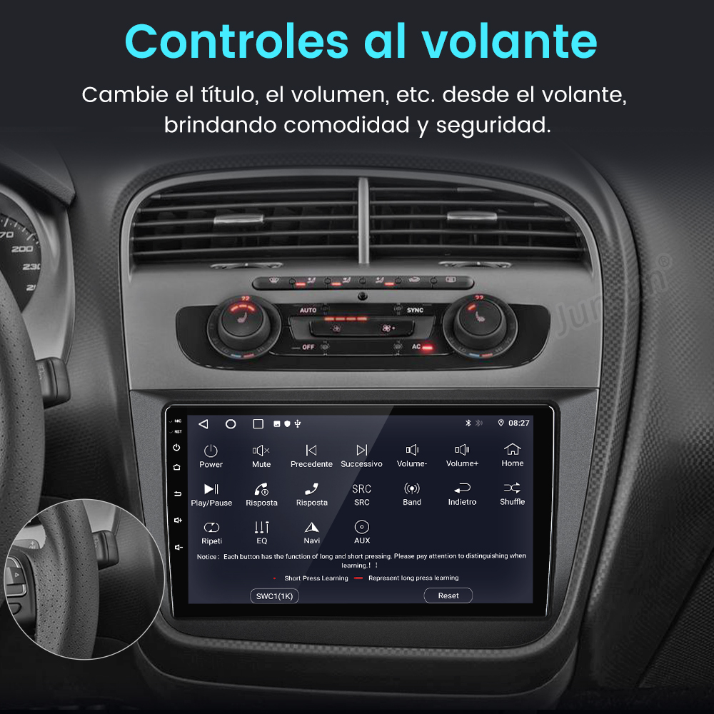 Tablero de coche con pantalla mostrando configuraciones. Arriba dice 'Controles al volante'.