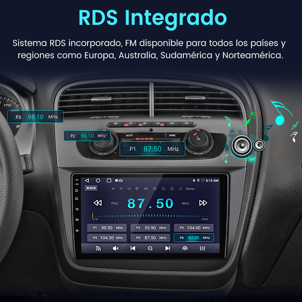 Panel de coche con pantalla táctil mostrando ajustes de radio y frecuencias.