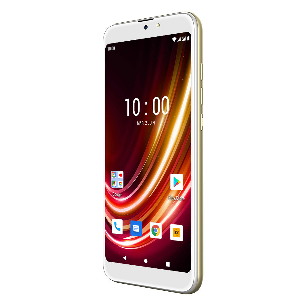 Uno smartphone con fronte bianco, cornice dorata e display che mostra un orologio e icone di app.