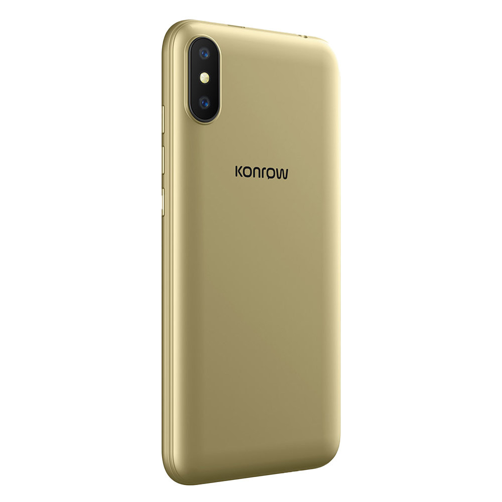 Retro di smartphone dorato con logo Konrow. Ha due fotocamere e flash. Lucido.