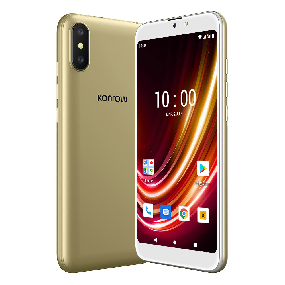 Smartphone dorato, retro e fronte. Davanti ora e icone. Dietro logo Konrow.