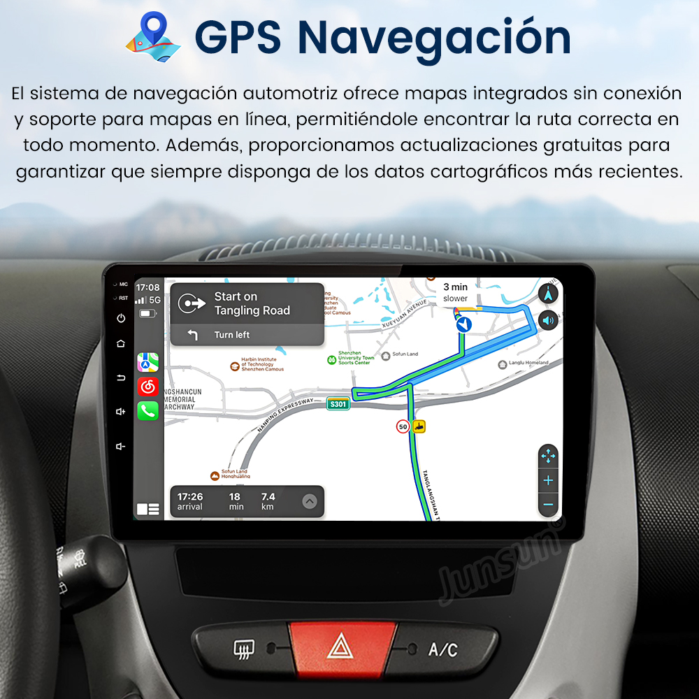 Pantalla de navegación del coche mostrando un mapa con indicaciones y un salpicadero.