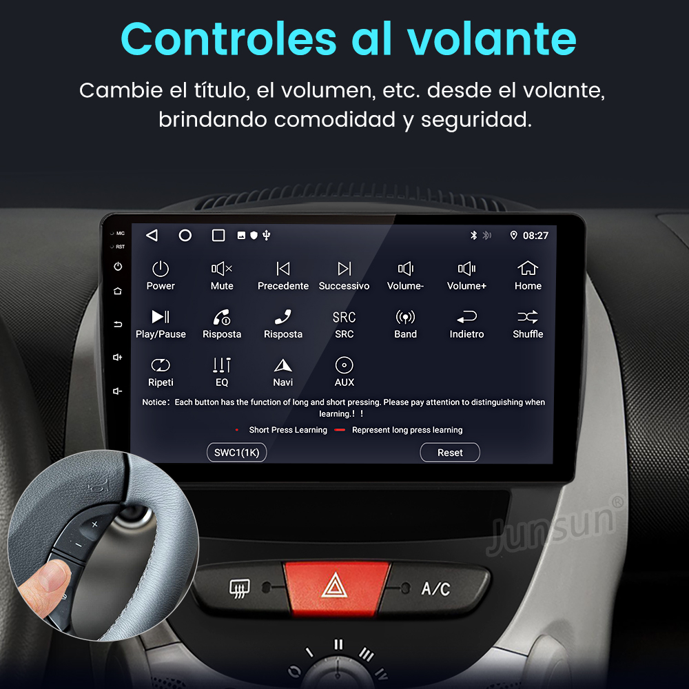 Pantalla de infoentretenimiento de coche mostrando ajustes, con botones de encendido, silencio y control de volumen, y volante.