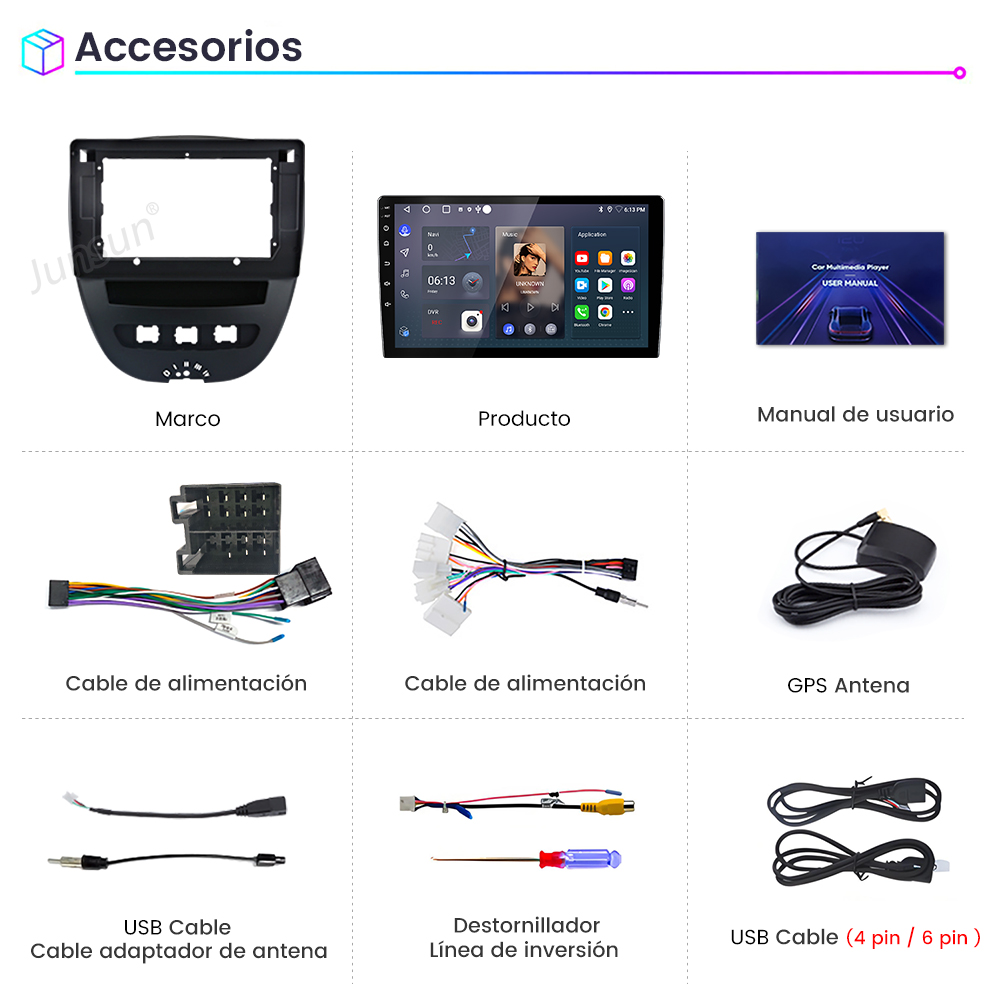 Se muestran varios accesorios multimedia para coche. Incluyen cables, marco y manual de usuario.