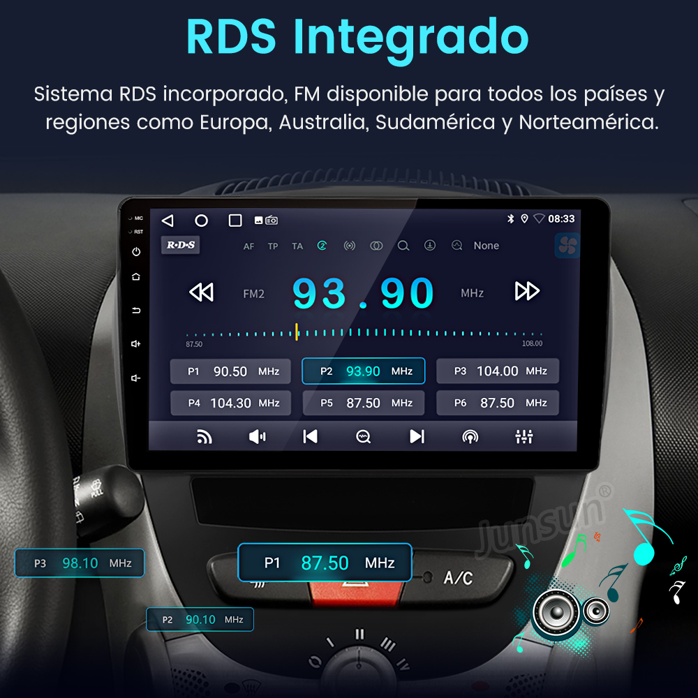Sistema de infoentretenimiento de coche mostrando ajustes de radio FM, con una interfaz de usuario mostrando frecuencia y preajustes.