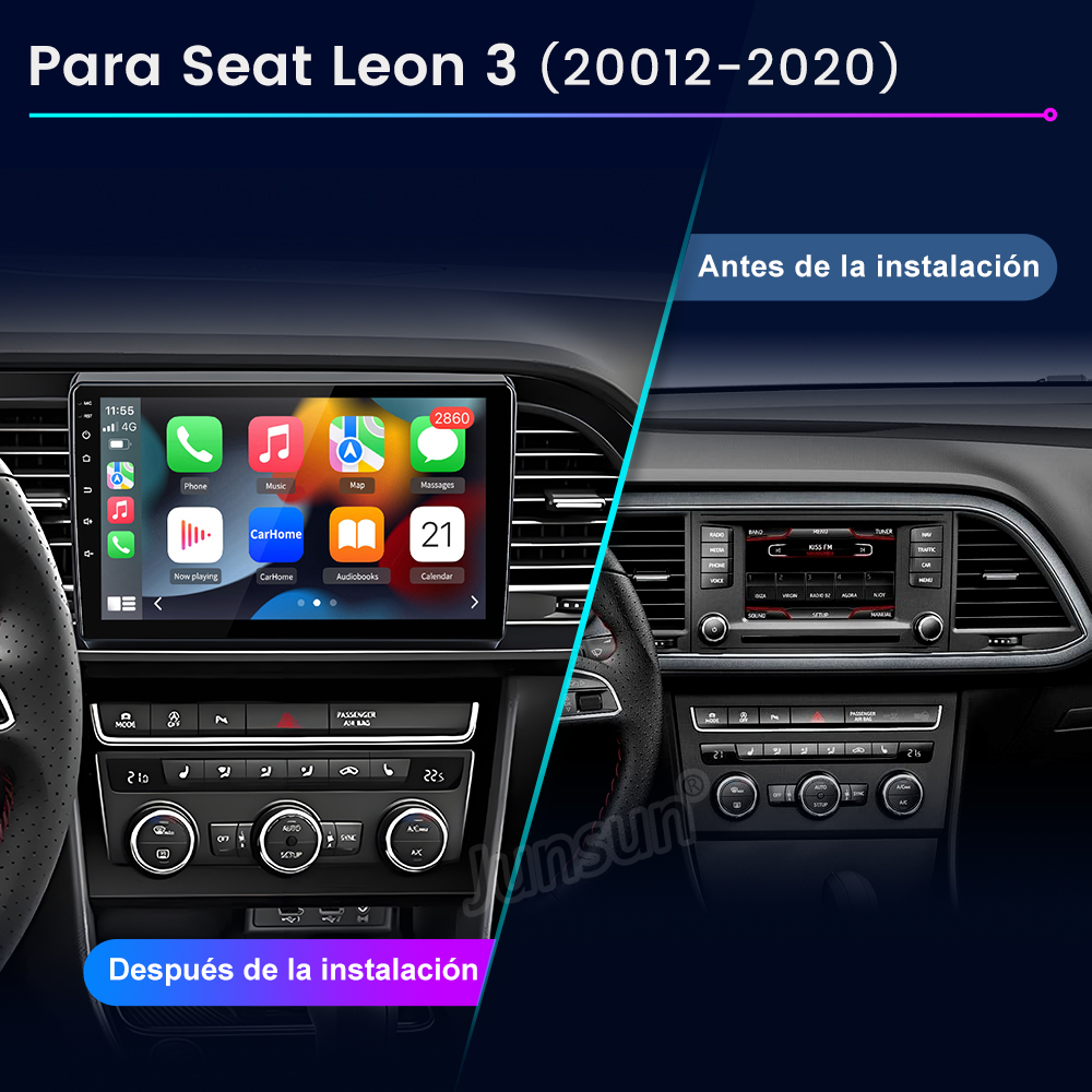 Comparación del sistema de infoentretenimiento del coche: radio antigua a la derecha, nueva pantalla táctil a la izquierda, instalado en un coche.