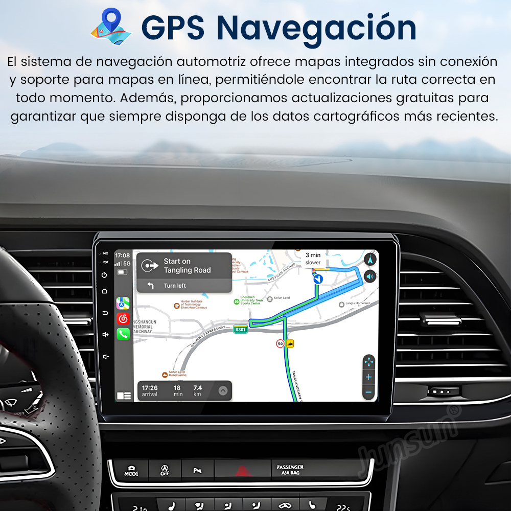 Pantalla de navegación del coche mostrando un mapa con indicaciones y un salpicadero.