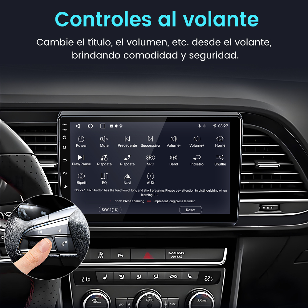 Panel del coche con pantalla táctil mostrando ajustes. Una mano señala los controles del volante para el volumen.