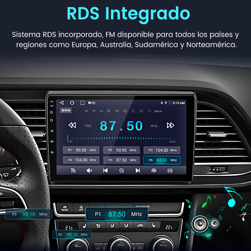 Sistema de infoentretenimiento de coche mostrando ajustes de radio FM, con una interfaz de usuario mostrando frecuencia y preajustes.