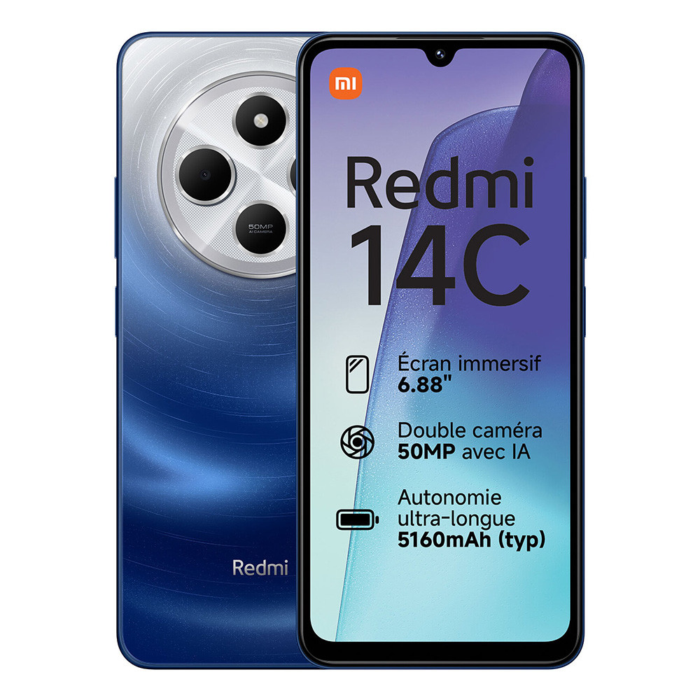 Smartphone blu con configurazione a tripla fotocamera sul retro, che mostra il logo Redmi 14C sul davanti.