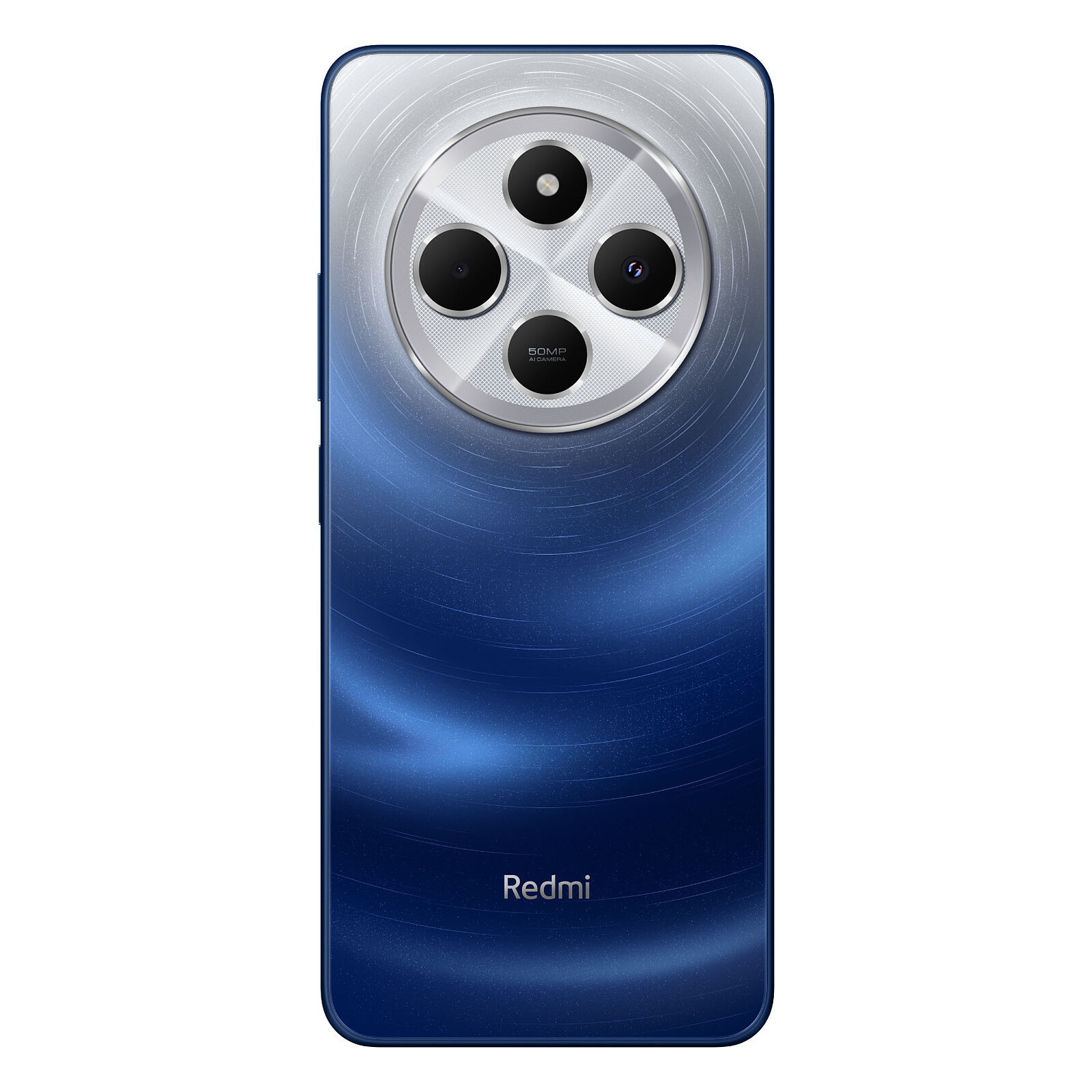 Retro del telefono con colore sfumato blu e tre fotocamere posteriori in un modulo circolare argentato, logo Redmi in basso.