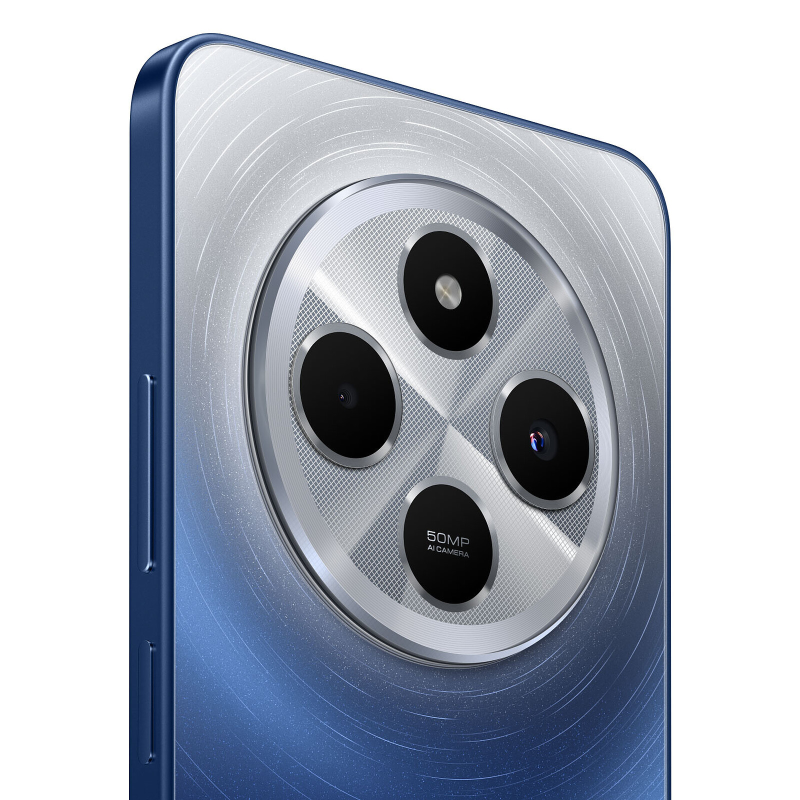 Primo piano del modulo fotocamera di uno smartphone blu, con più lenti e il nome del marchio.