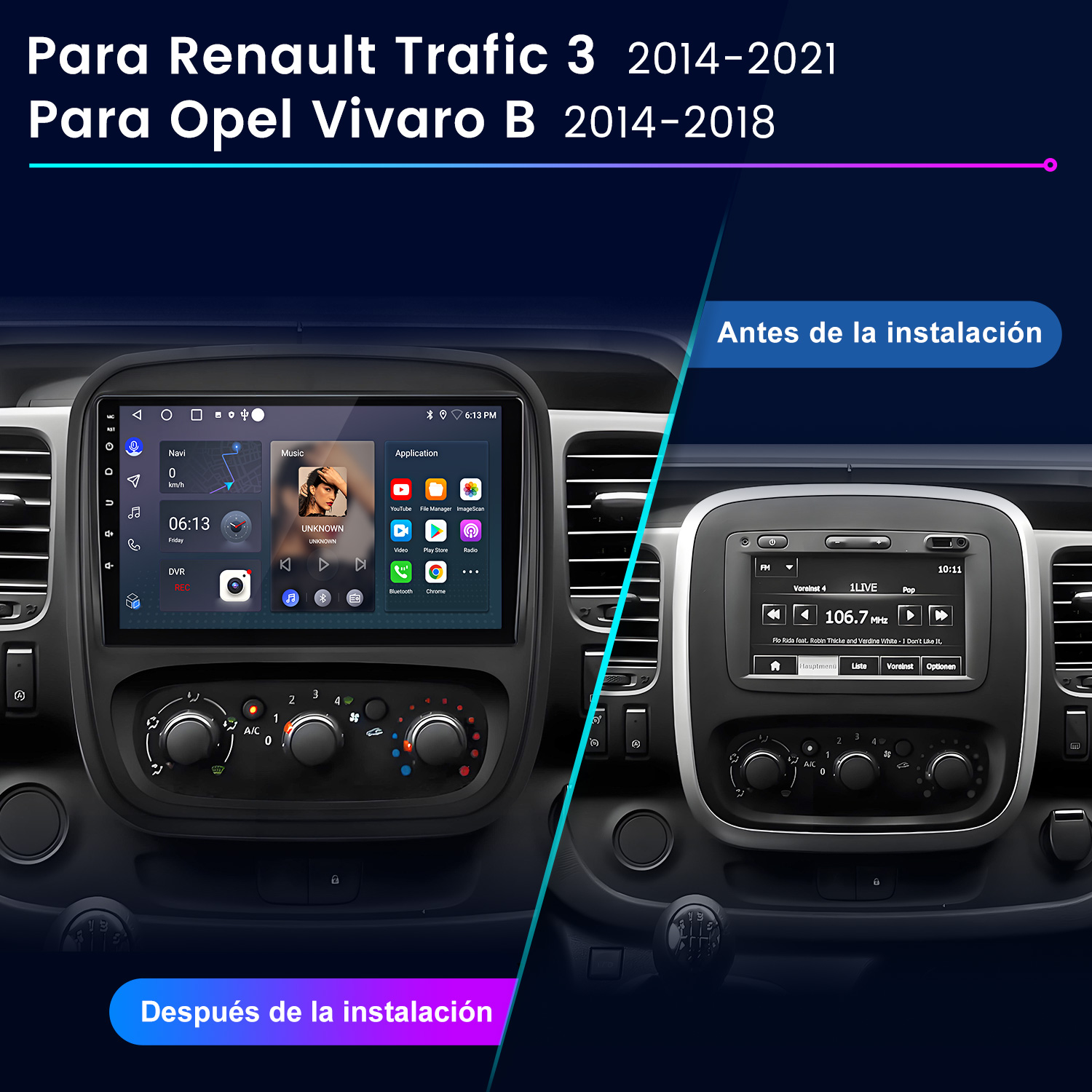 Comparación de instalación de radio de coche. Vista antes y después de la instalación. Un salpicadero con pantalla digital.