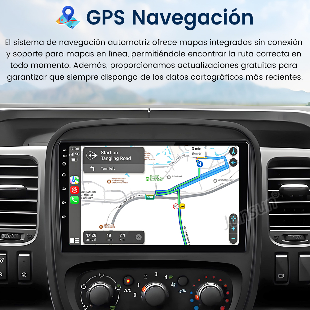 Sistema de infoentretenimiento de coche mostrando un mapa de navegación, con indicaciones paso a paso, en un salpicadero.