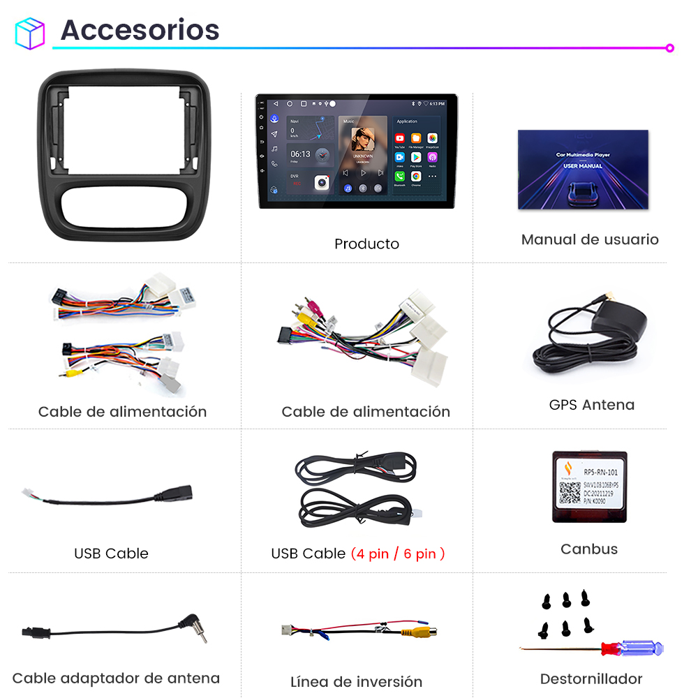 Accesorios de radio de coche. Incluye marco, pantalla, cables, antena GPS y destornillador.