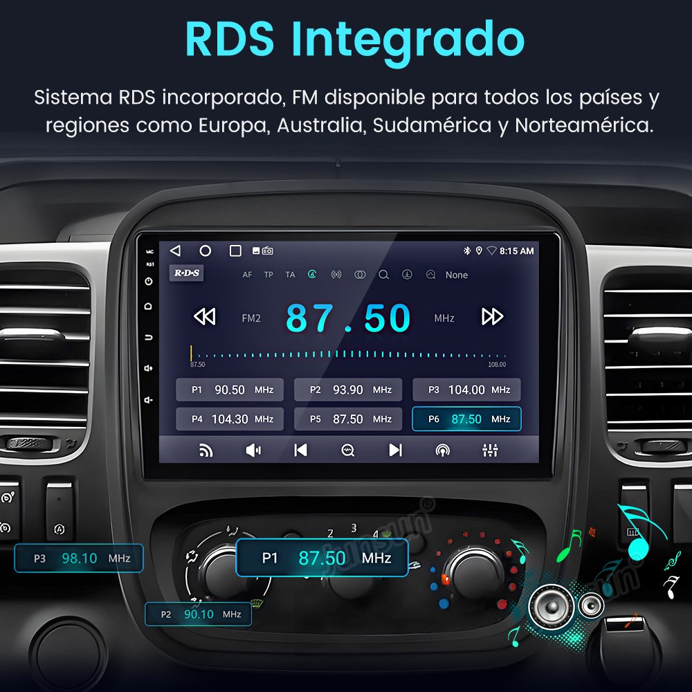 Pantalla de radio del coche que muestra la frecuencia FM 87,50 MHz y otros ajustes de radio en el salpicadero.