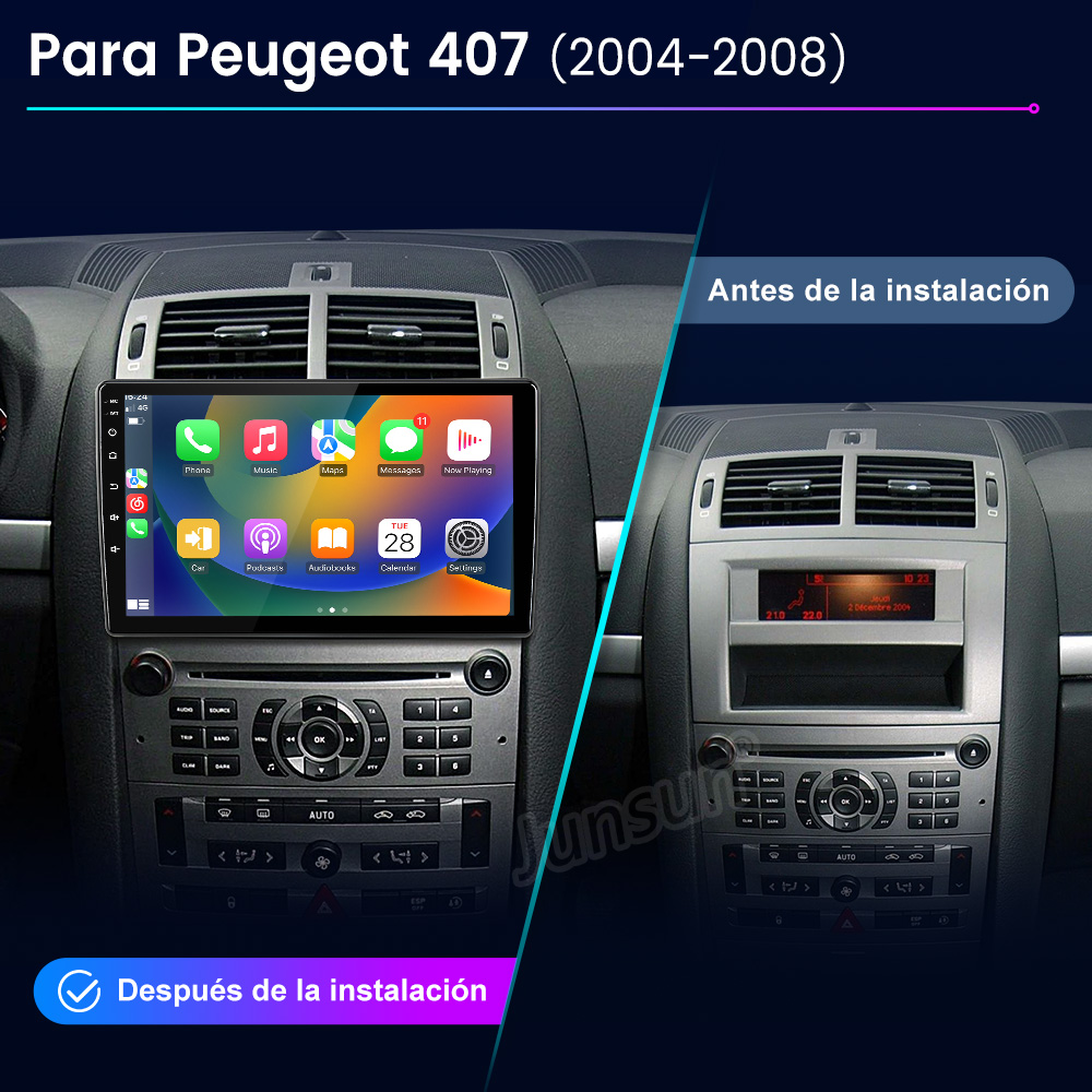 Comparación de instalación de radio de coche: Antes y Después, mostrando una nueva pantalla de radio en un Peugeot 407.