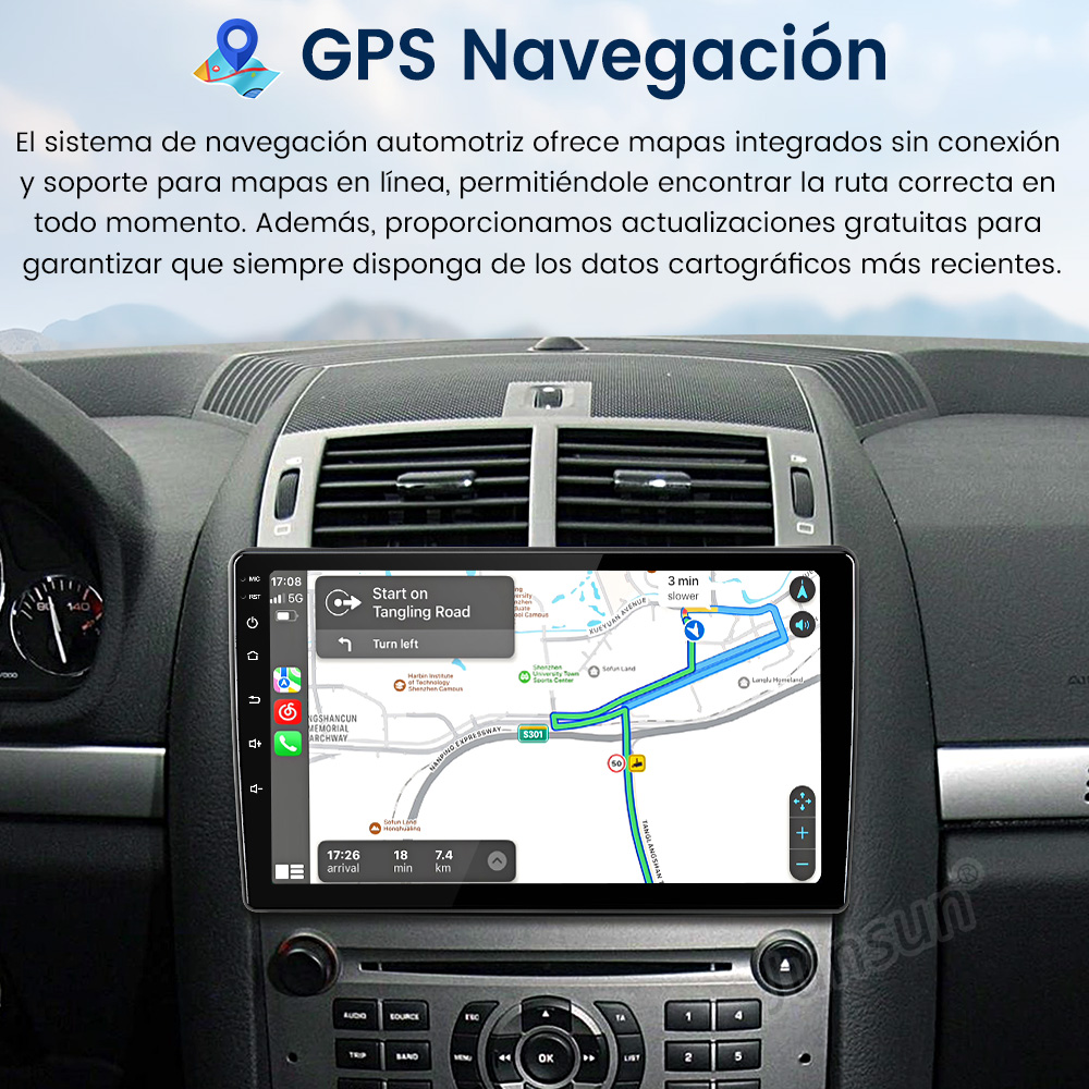 Pantalla de navegación GPS de la radio del coche mostrando un mapa con guía de ruta. Texto en español.