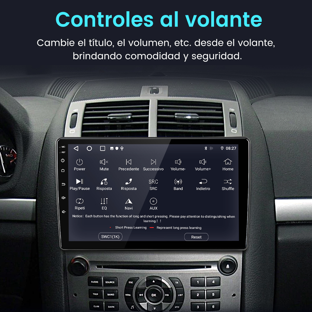 Pantalla de infoentretenimiento de coche mostrando ajustes, con botones de encendido, silencio y control de volumen, y volante.