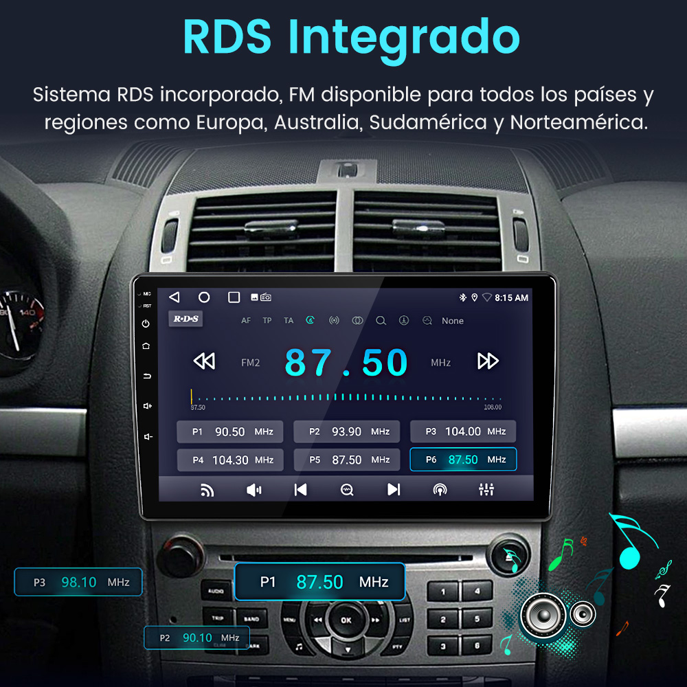 Pantalla de radio de coche mostrando información de radio. Frecuencia y emisoras.