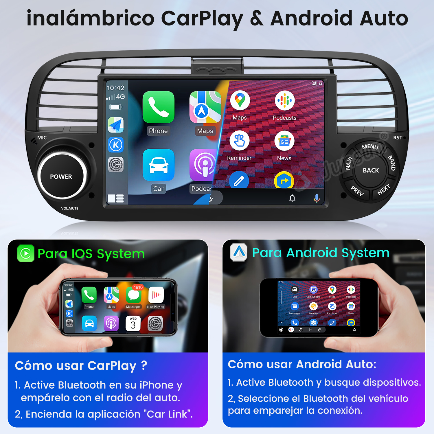 Sistema de infoentretenimiento del coche. Dos pantallas más pequeñas muestran cómo usar CarPlay y Android Auto.