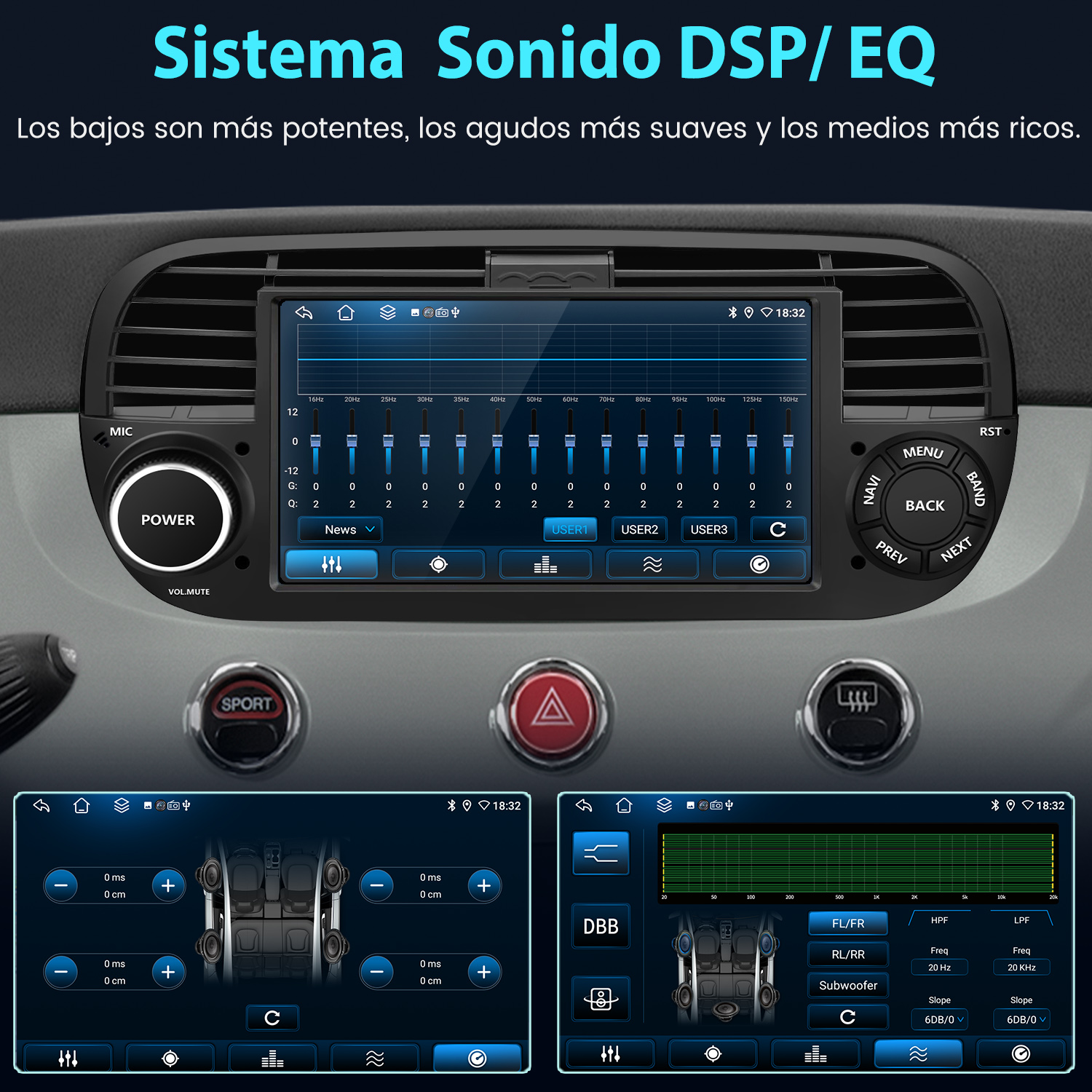 Pantalla de infoentretenimiento de coche mostrando ajustes de audio, con controles de ecualizador y visualización de ondas de sonido.