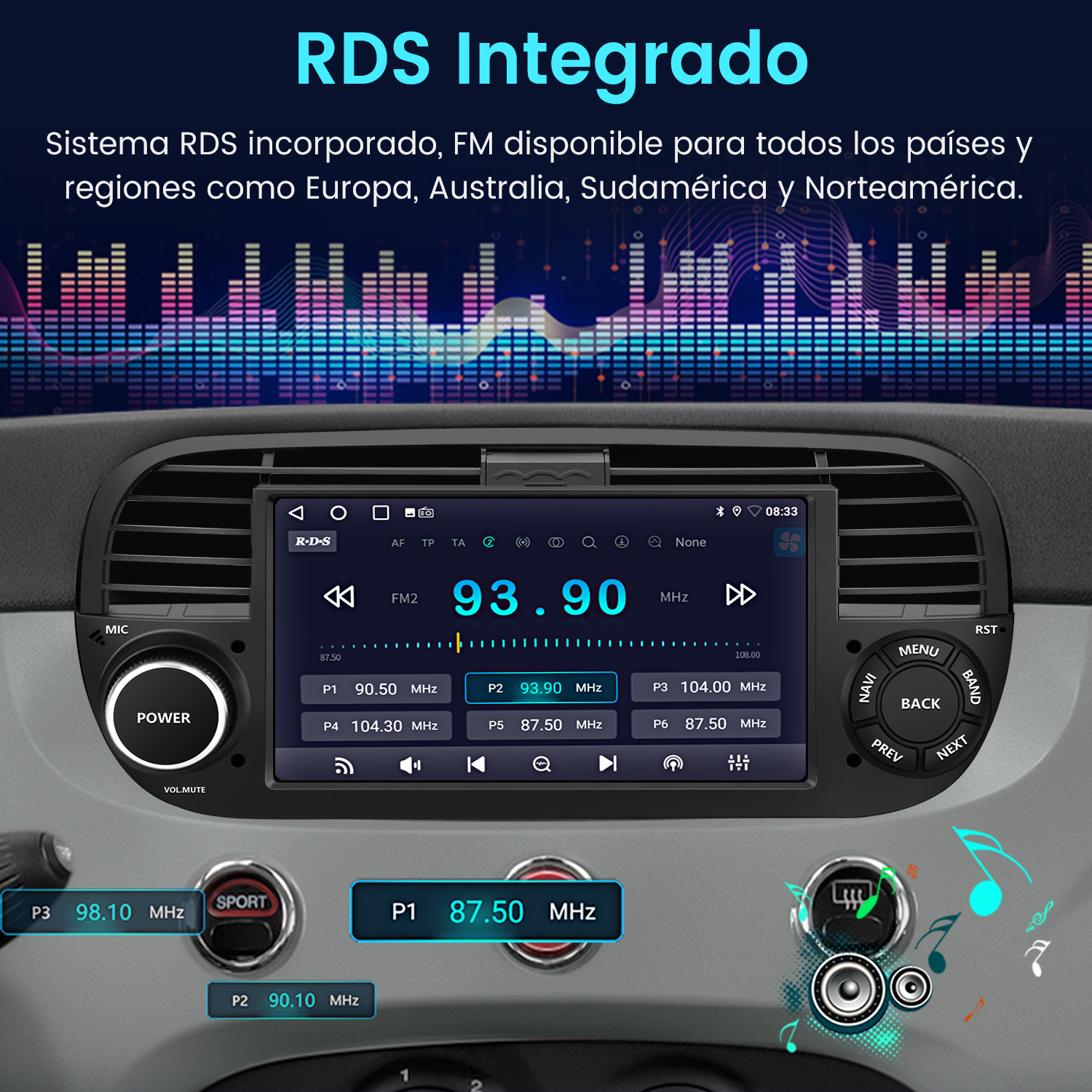 Pantalla de radio del coche que muestra la frecuencia FM 93,90 MHz y otros ajustes de radio en el salpicadero.