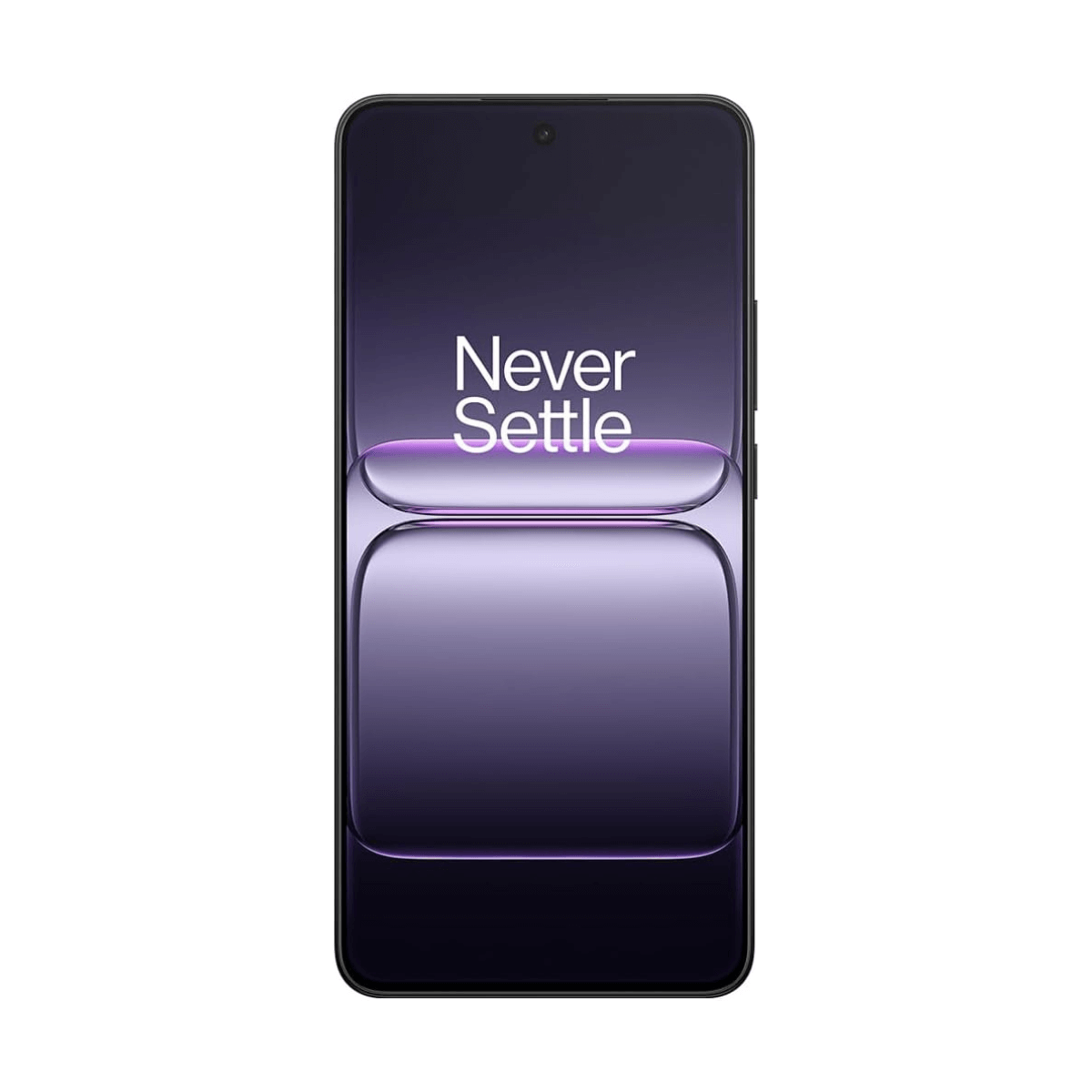 Widok z przodu smartfona OnePlus, z ekranem 'Never Settle' na fioletowym tle.