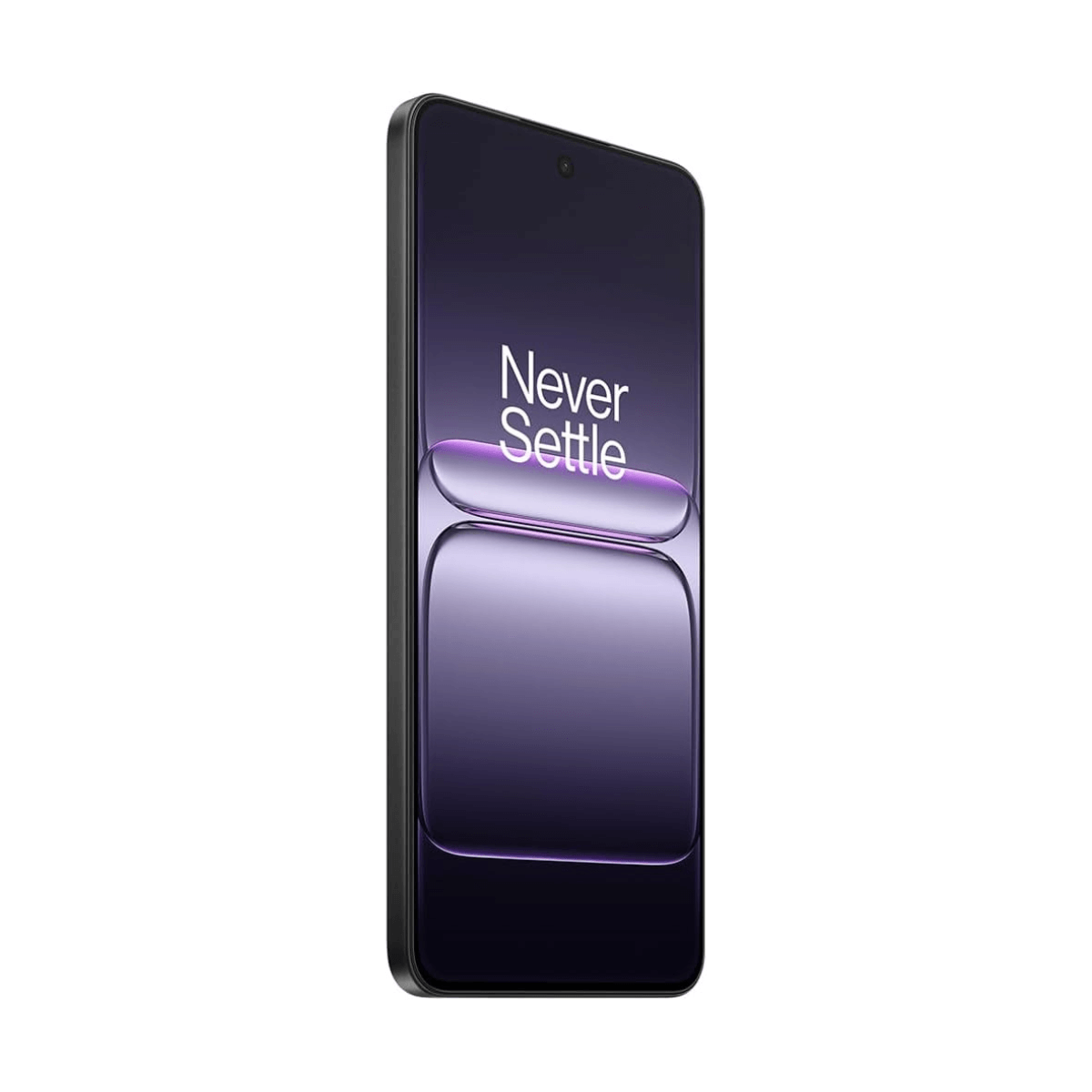 Widok z przodu smartfona OnePlus z napisem 'Never Settle' na ekranie, pochylony w lewo.