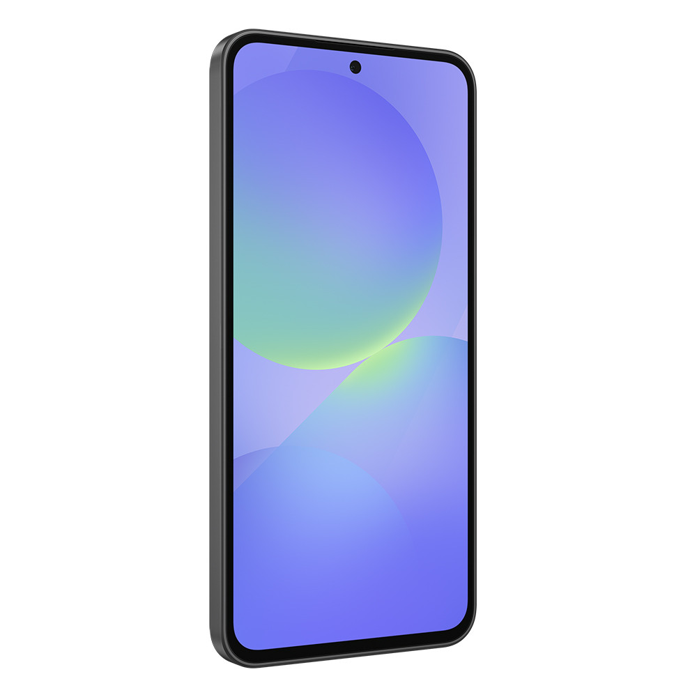 Smartfon z niebiesko-zielonym gradientem, czarną ramką i przednim aparatem.