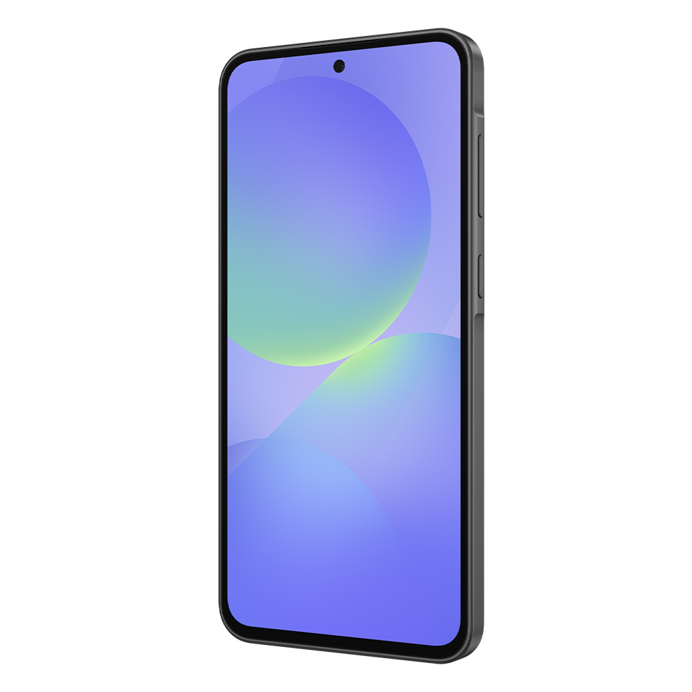 Czarny smartfon, pochylony na bok. Ekran wyświetla niebiesko-zielony abstrakcyjny wzór. Ciemnoszare krawędzie.